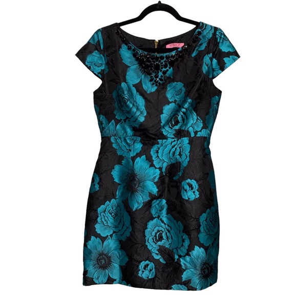 VINTAGE ELIZA J. BLACK & TEAL-BLUE BOAT NECK EMBELLISHED JACQUARD  RHINESTONE - Picture 16 of 16